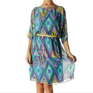 ADRIANNA PAPELL Green Yellow Purple  Geometric Print Cold Shoulder Sleeve Dress